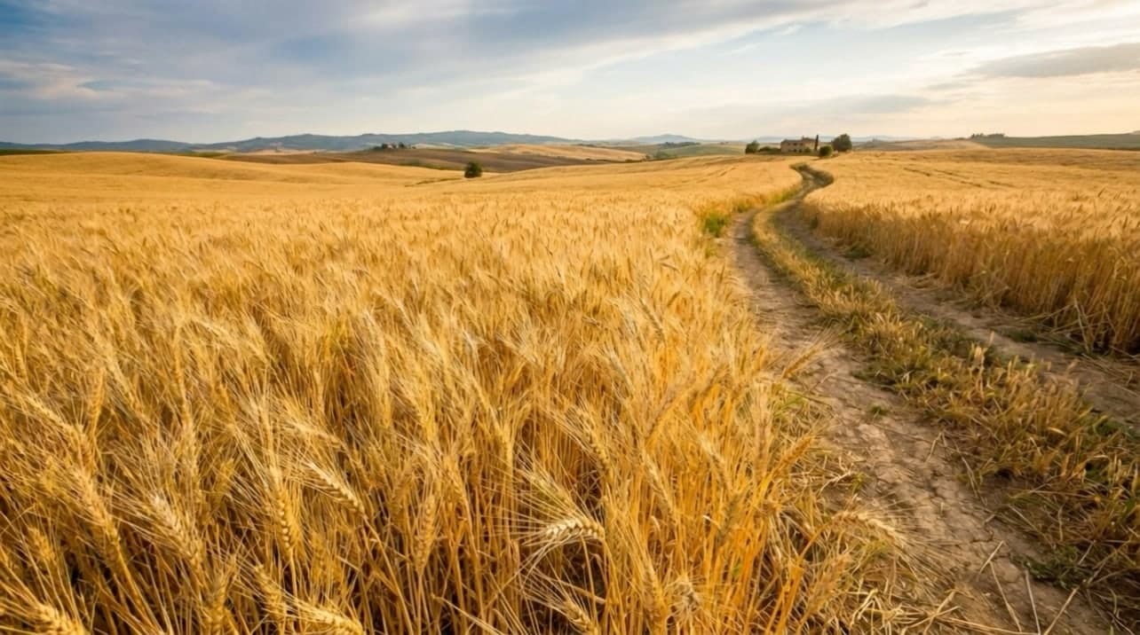 Ripe wheat field in the wind, with a farm track leading into rolling hills